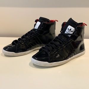 Patent black adidas high tops size 8.5
